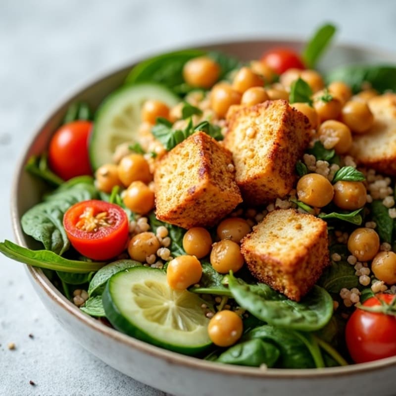Crispy Tofu and Quinoa Power Salad with Roasted Chickpeas