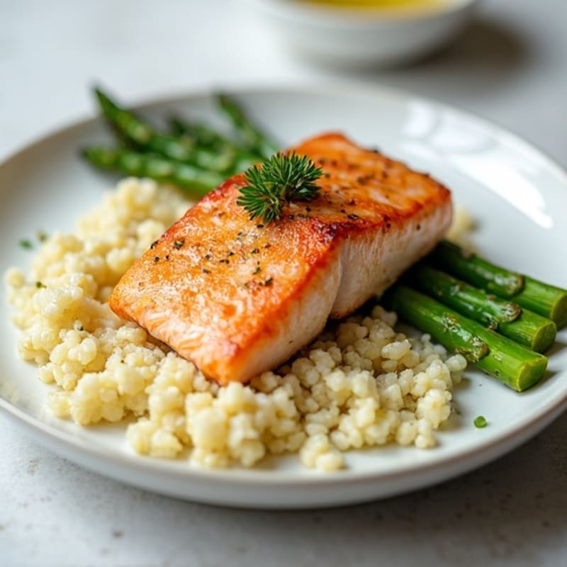 Seared Salmon with Steamed Asparagus and Cauliflower Rice