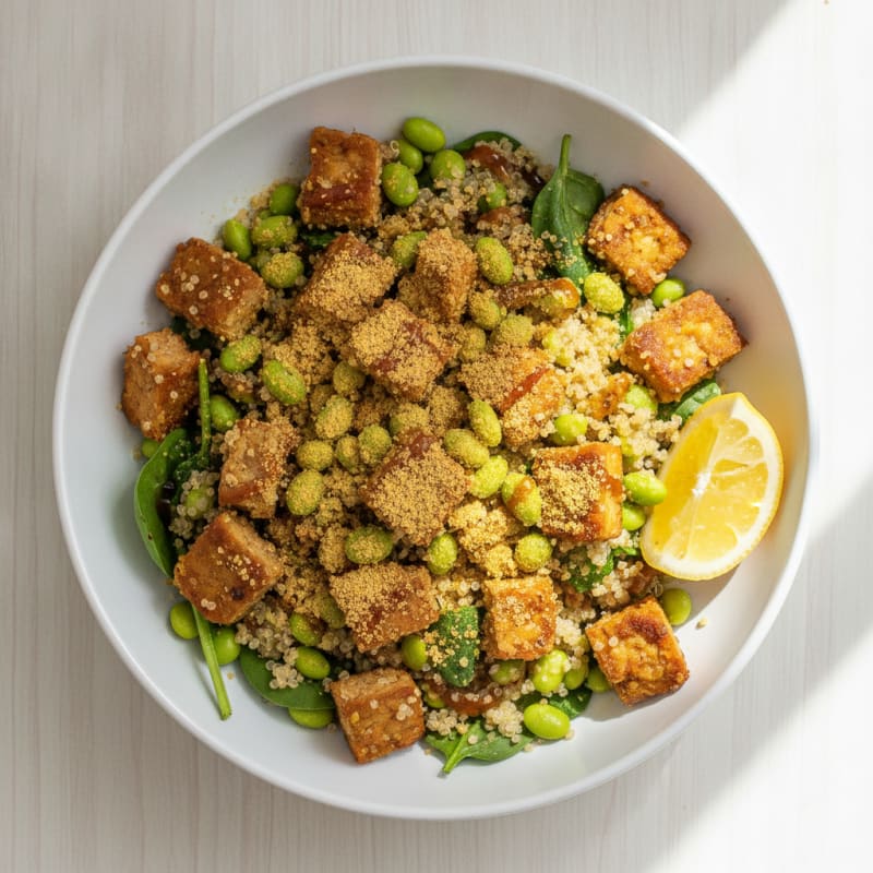 Crispy Tempeh and Quinoa Power Bowl with Edamame
