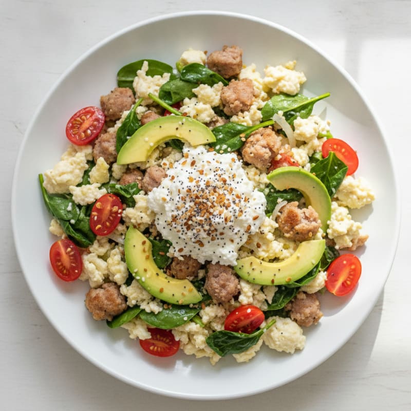 Egg White and Turkey Sausage Scramble with Spinach and Cottage Cheese
