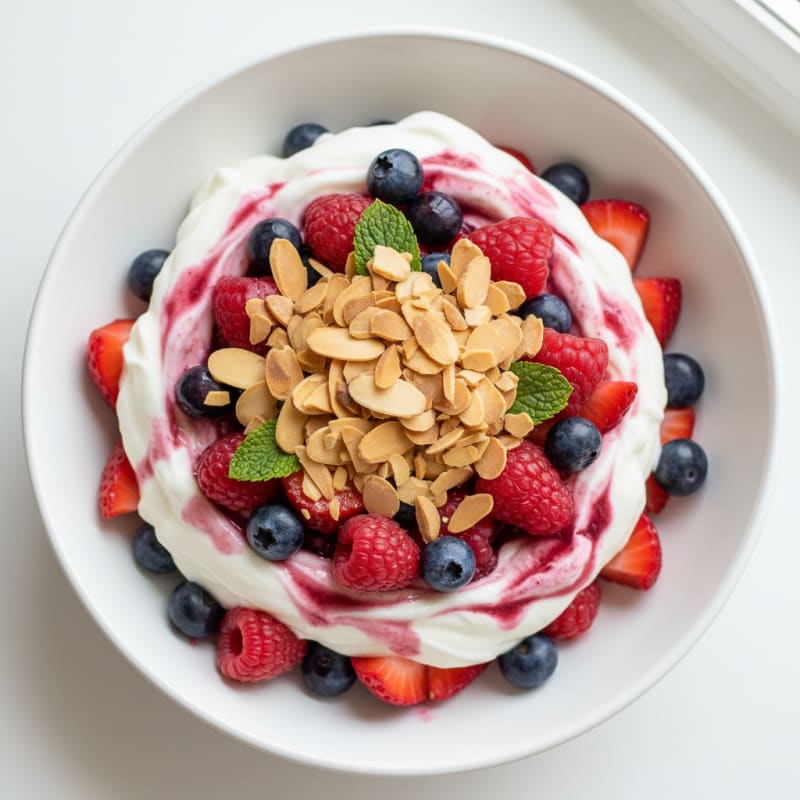 Greek Yogurt Protein Parfait with Mixed Berries and Almonds