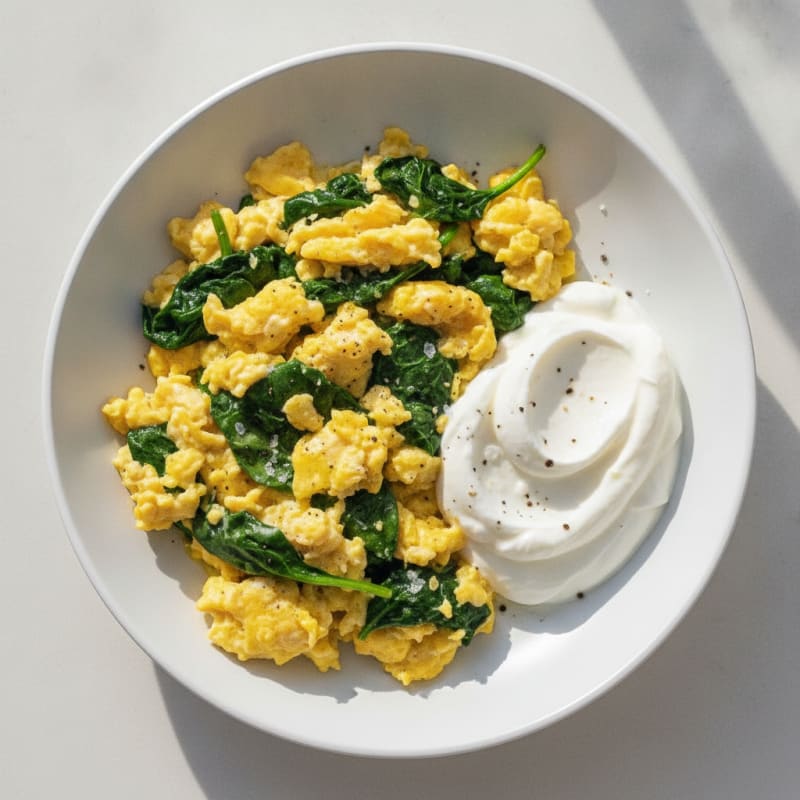 Scrambled Eggs with Sautéed Spinach and Greek Yoghurt
