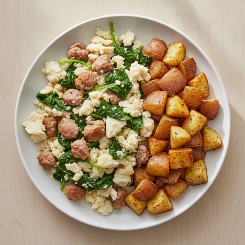 Egg White Scramble with Turkey Sausage and Sautéed Spinach