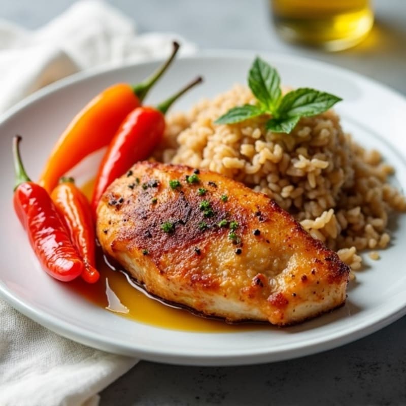 Crispy Pan-Seared Chicken with Bell Peppers and Brown Rice