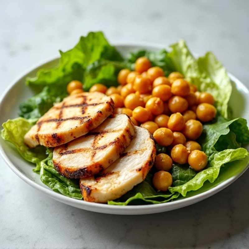 Grilled Chicken Breast over Crunchy Romaine with Chickpeas and Lemon Tahini Dressing