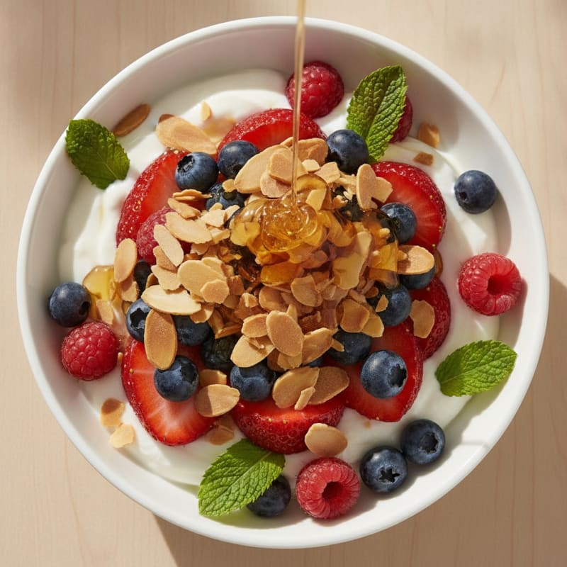 Greek Yogurt Parfait with Crunchy Almonds and Fresh Berries