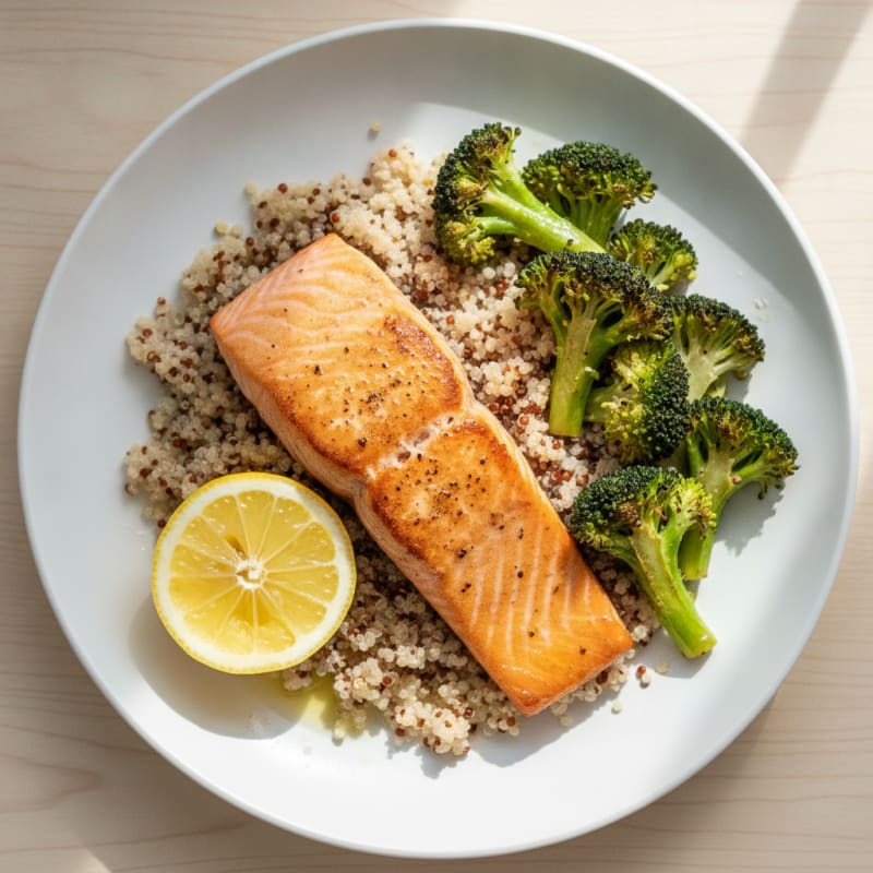 Seared Salmon with Roasted Broccoli and Quinoa