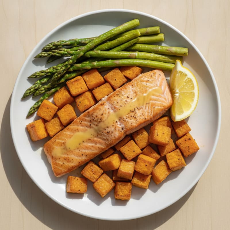 Seared Salmon Fillet with Roasted Sweet Potato and Asparagus