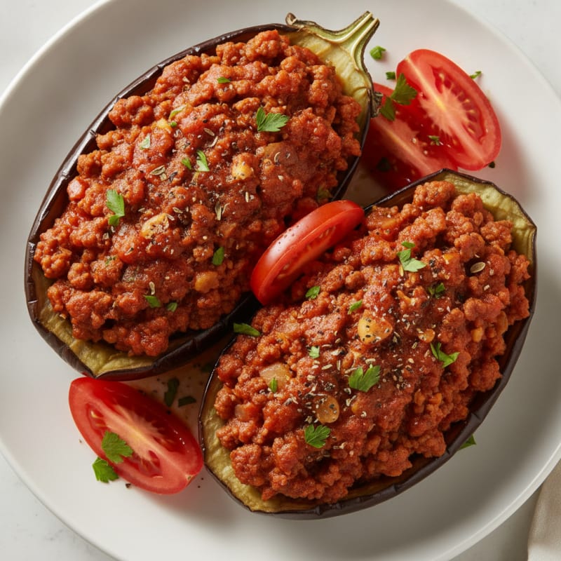 Ground Beef Stuffed Eggplant with Tomatoes