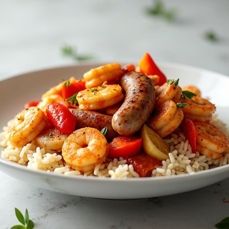 Spicy Chicken, Sausage, and Shrimp with Rice and Vegetables