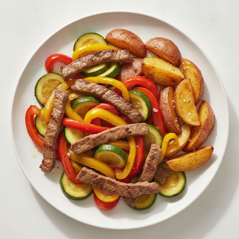 Seared Beef Strips with Zucchini and Bell Pepper Stir Fry and Roasted Potatoes