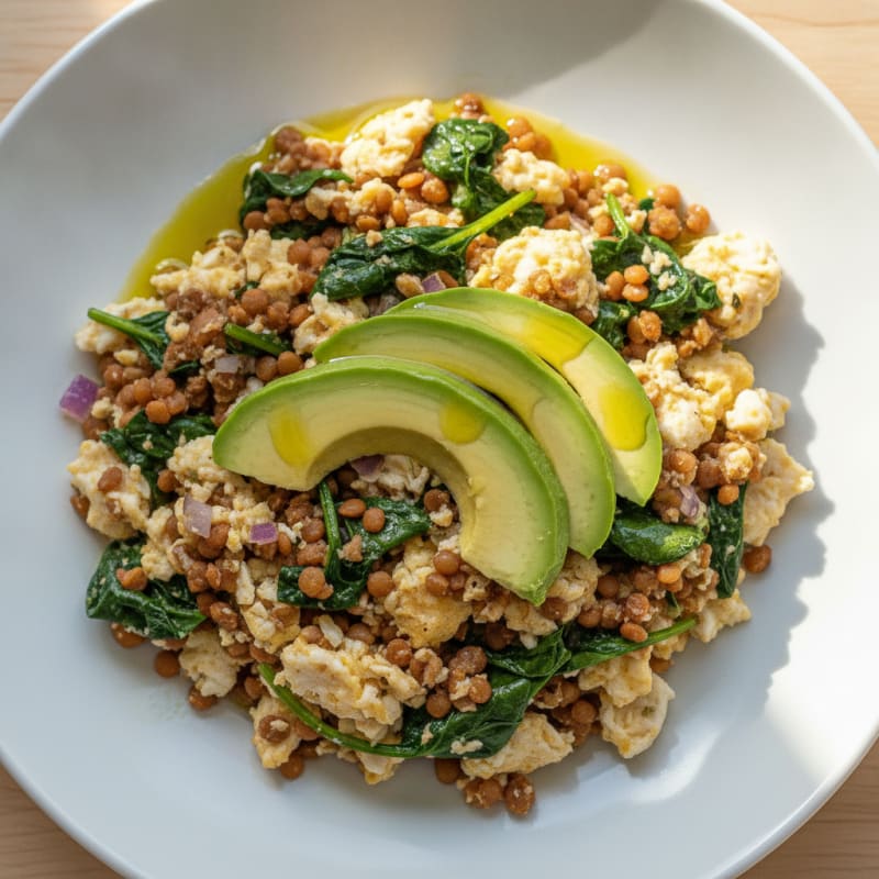 Scrambled Egg Whites with Spiced Lentils and Sautéed Spinach