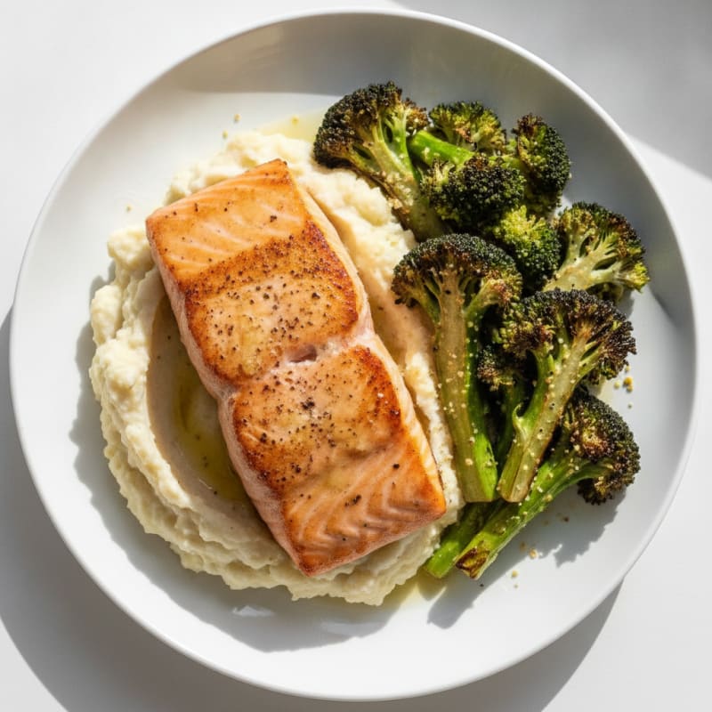 Seared Salmon with Roasted Broccoli and Garlic Cauliflower Mash