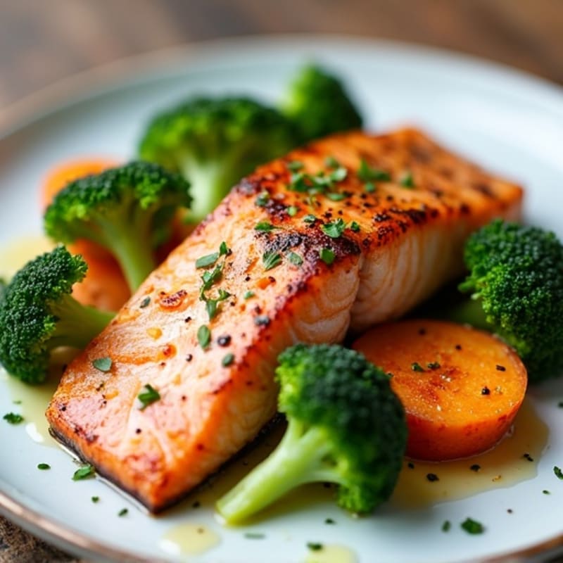Seared Salmon with Roasted Broccoli and Sweet Potato