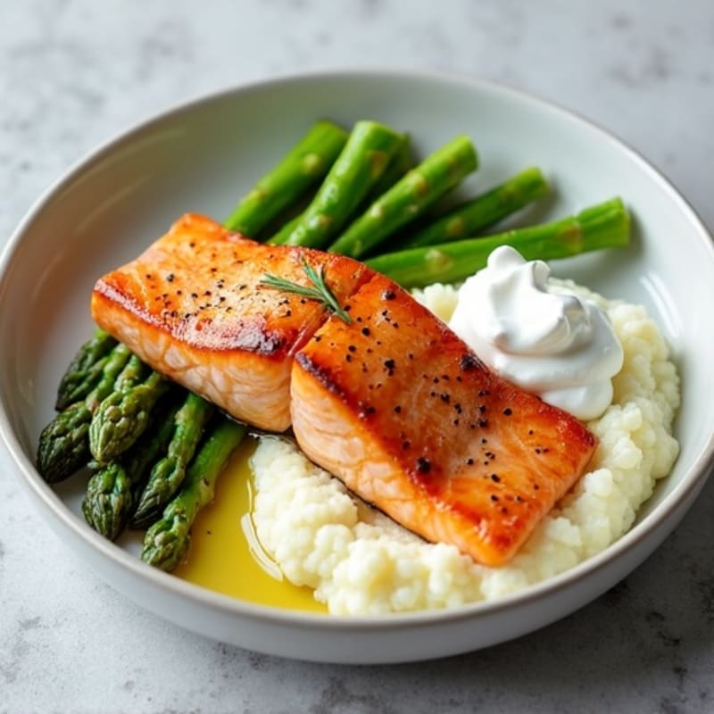 Seared Salmon with Steamed Asparagus and Cauliflower Mash