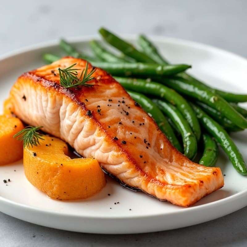 Seared Salmon with Roasted Sweet Potato and Green Beans