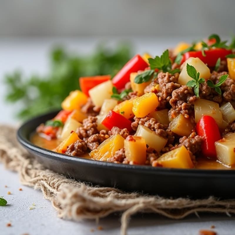 Lean Beef Skillet with Sautéed Peppers, Onions, and Cheesy Sauce