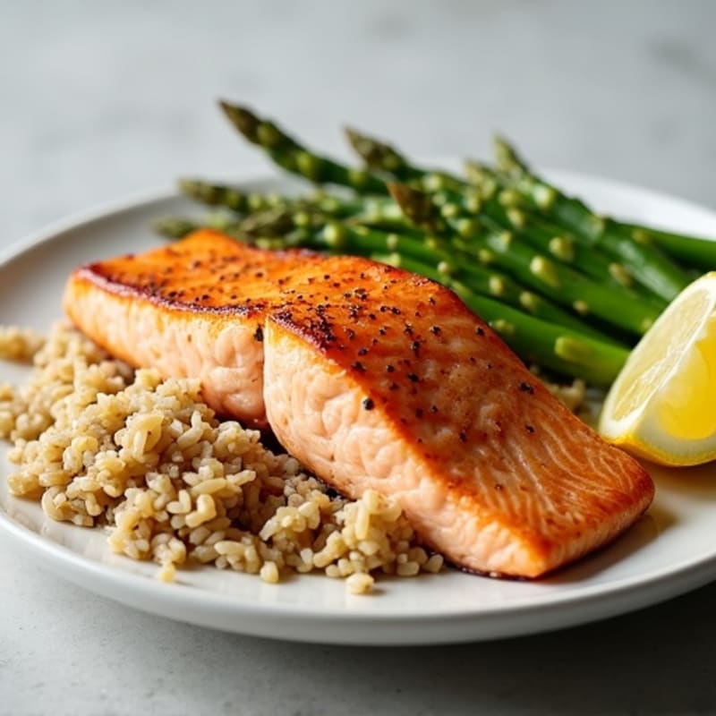 Baked Salmon with Steamed Asparagus and Brown Rice