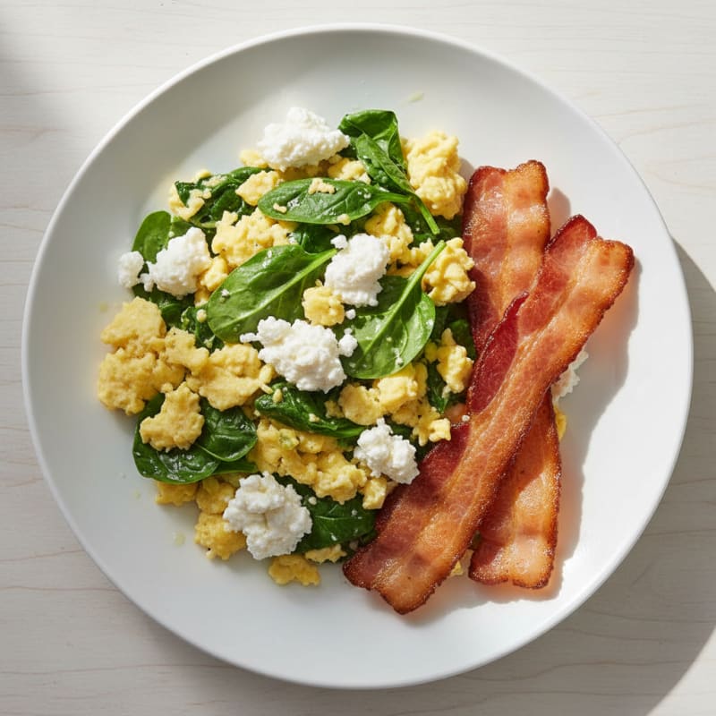 Cottage Cheese Scramble with Spinach and Turkey Bacon