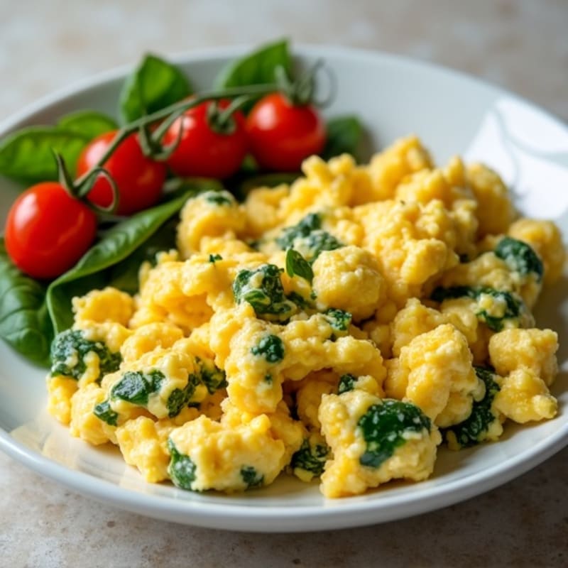 Fluffy Scrambled Eggs with Fresh Spinach and Cherry Tomatoes