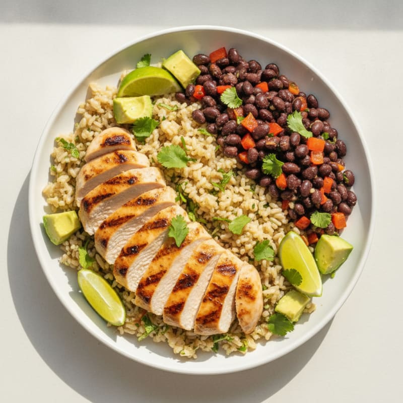 Grilled Chicken and Black Bean Salad with Cilantro Rice and Avocado