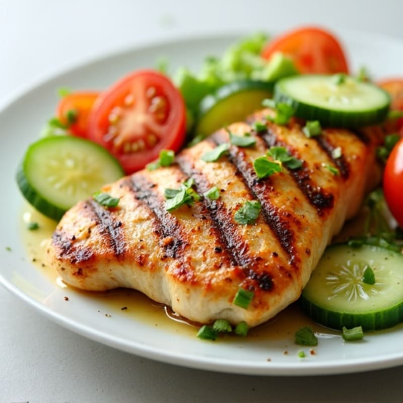 Grilled Chicken Breast with Cucumber and Tomato Salad