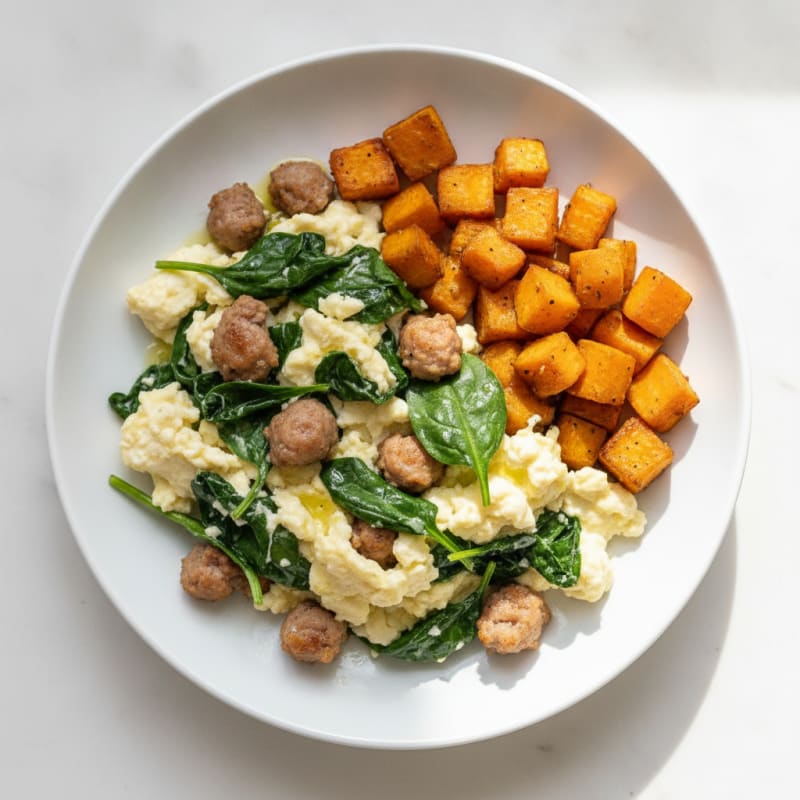 Egg White and Turkey Sausage Scramble with Spinach and Roasted Sweet Potato