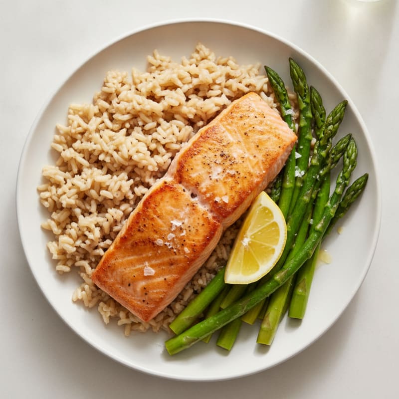 Seared Salmon with Steamed Asparagus and Brown Rice