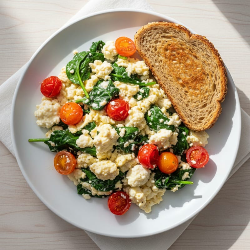 Cottage Cheese Scramble with Spinach and Cherry Tomatoes