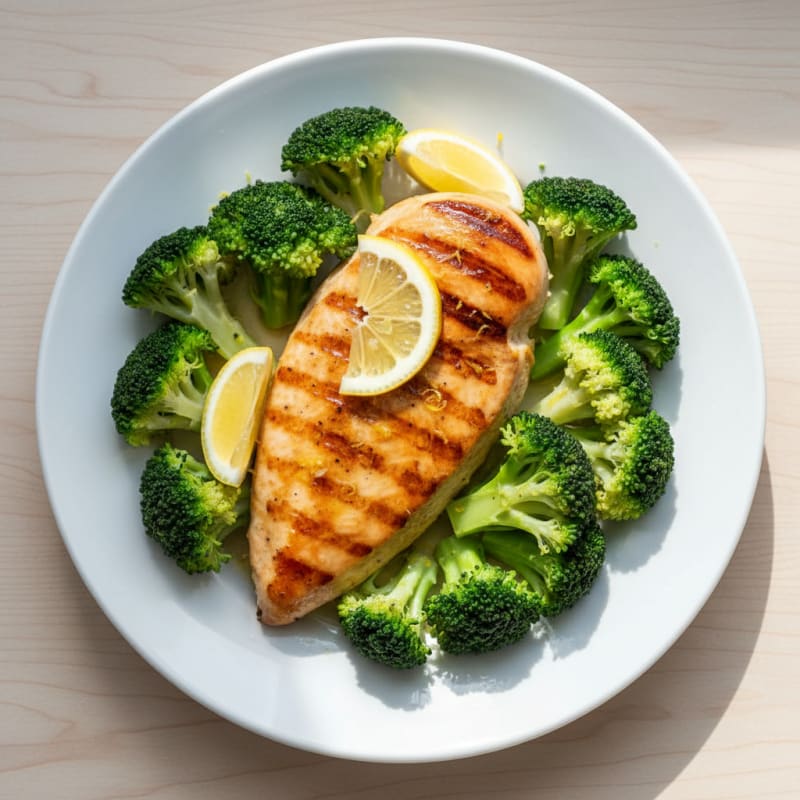 Grilled Chicken Breast with Steamed Broccoli and Lemon
