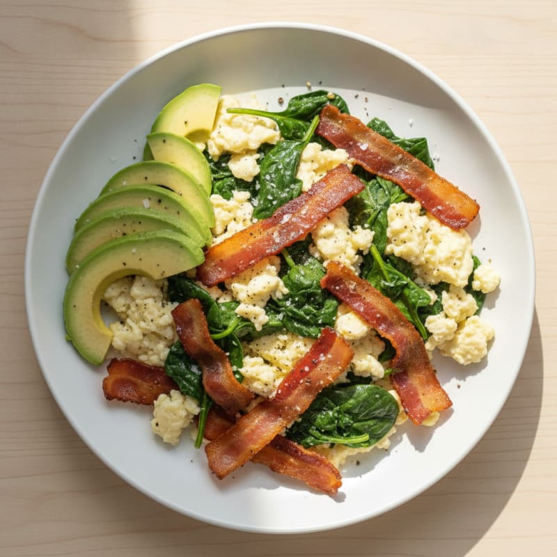 Crispy Turkey Bacon Egg White Scramble with Sautéed Spinach