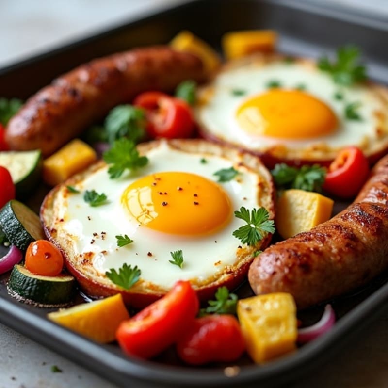Sheet Pan Baked Eggs with Roasted Vegetables and Lean Turkey Sausage