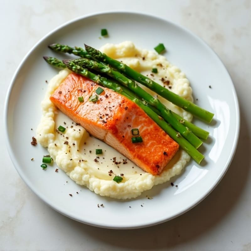 Seared Salmon with Steamed Asparagus and Cauliflower Mash