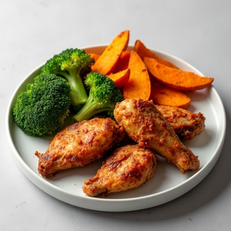 Crispy Baked Chicken Wings with Roasted Broccoli and Sweet Potato Wedges