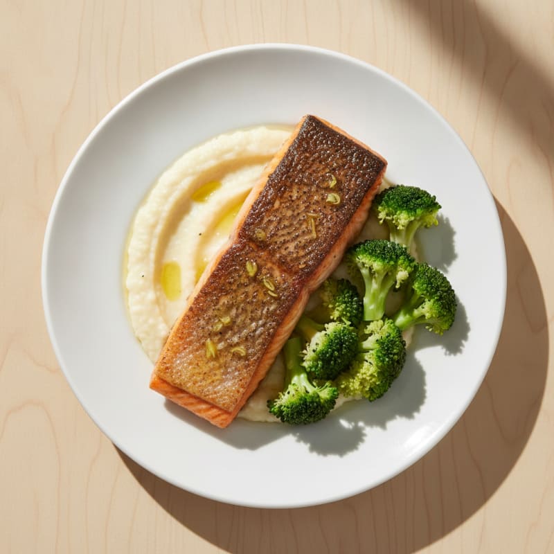 Seared Salmon with Steamed Broccoli and Garlic Cauliflower Mash