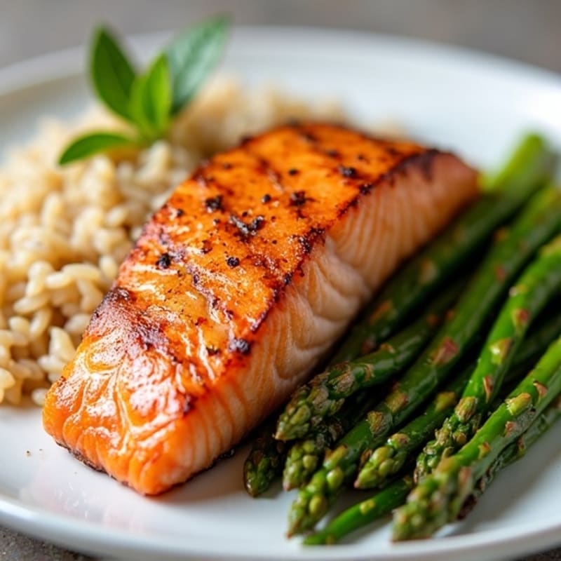 Seared Salmon with Steamed Asparagus and Brown Rice