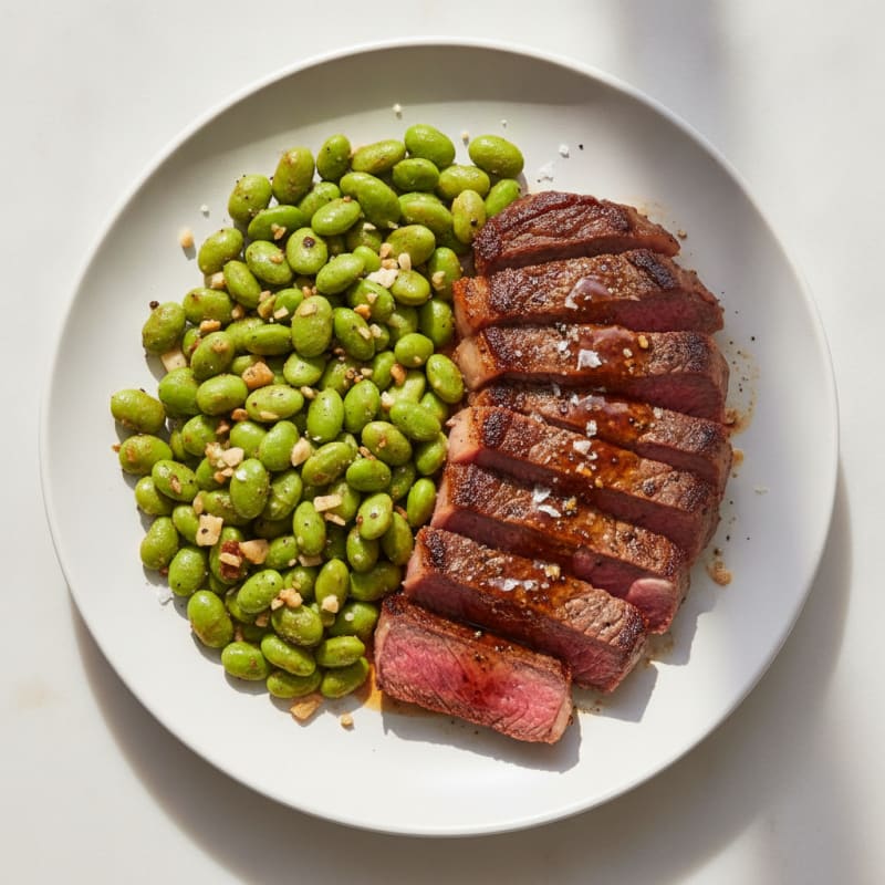 Pan-Seared Steak with Garlic Edamame