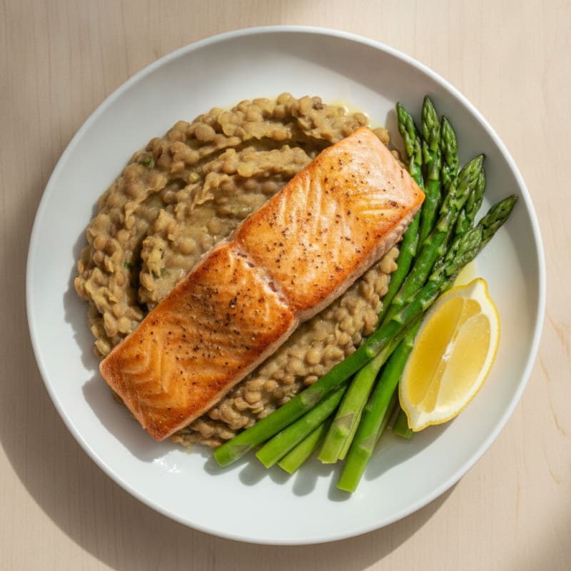 Seared Salmon Fillet with Steamed Asparagus and Lentil Mash