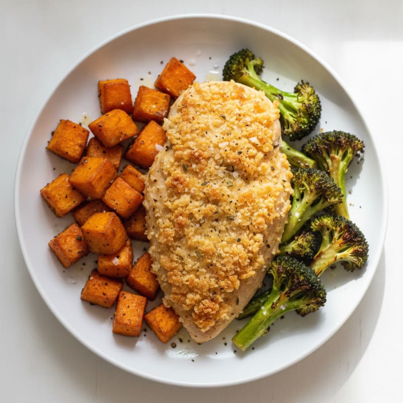 Parmesan Chicken with Roasted Broccoli and Sweet Potato