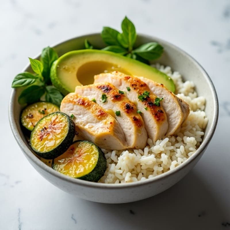 Grilled Chicken and Avocado Rice Bowl with Roasted Zucchini