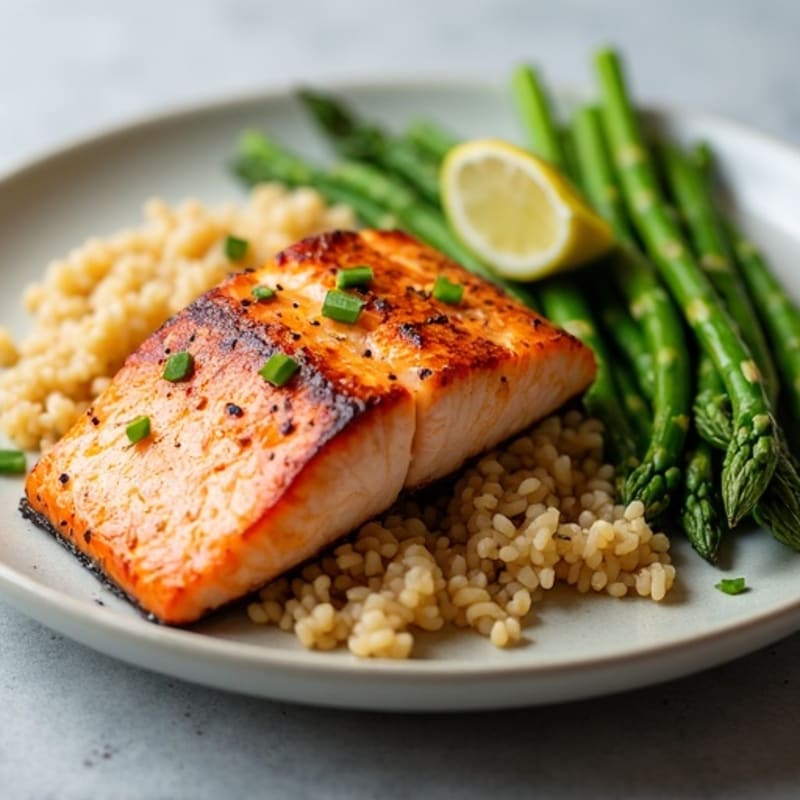 Seared Salmon with Brown Rice and Steamed Asparagus
