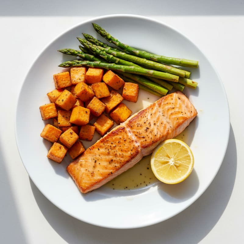 Seared Salmon with Roasted Sweet Potato and Asparagus