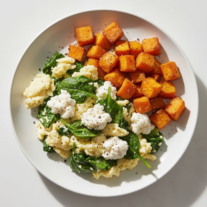 Egg White and Spinach Scramble with Cottage Cheese and Roasted Sweet Potato