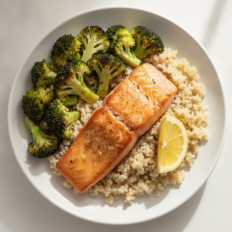 Seared Salmon Fillet with Roasted Broccoli and Quinoa