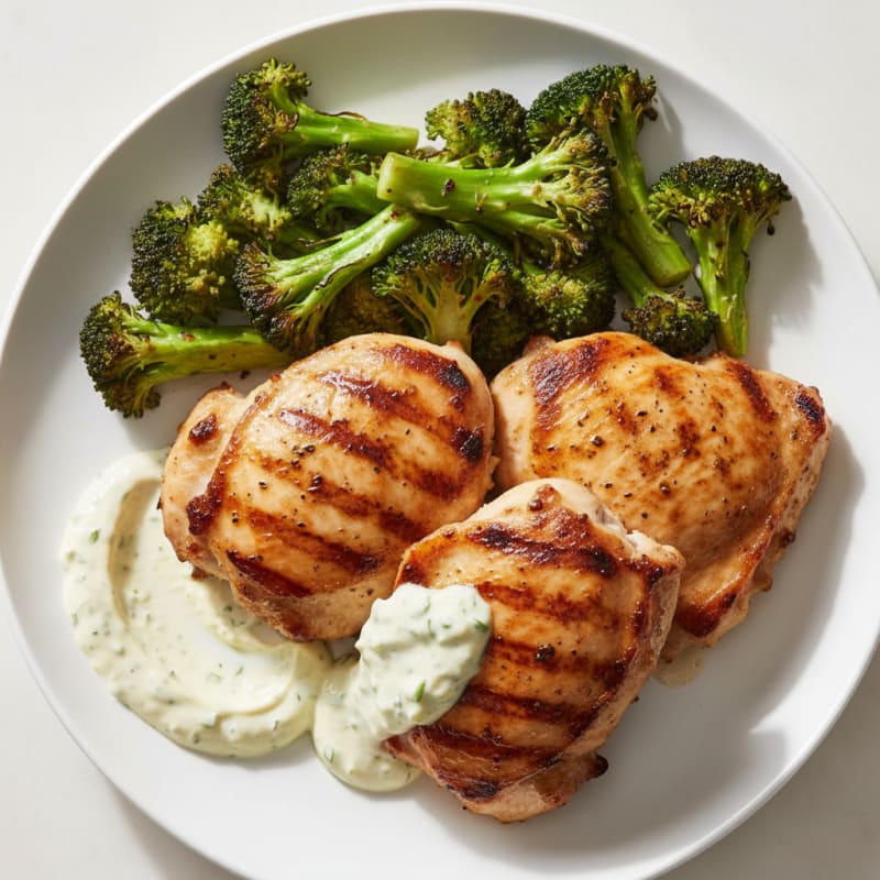 Grilled Chicken Thighs with Roasted Broccoli and Garlic Aioli