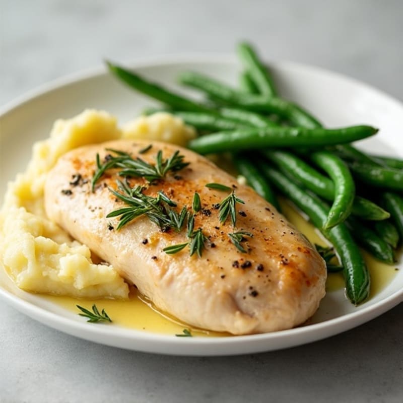 Herb-Roasted Chicken with Creamy Garlic Mashed Potatoes and Fresh Green Beans