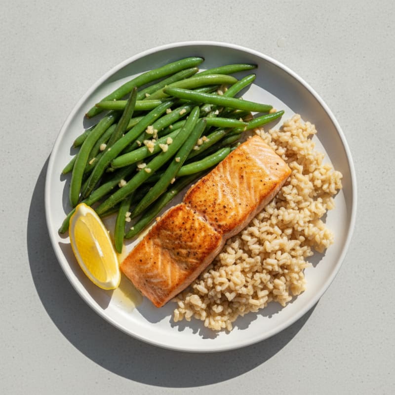 Seared Salmon with Garlic Green Beans and Steamed Brown Rice