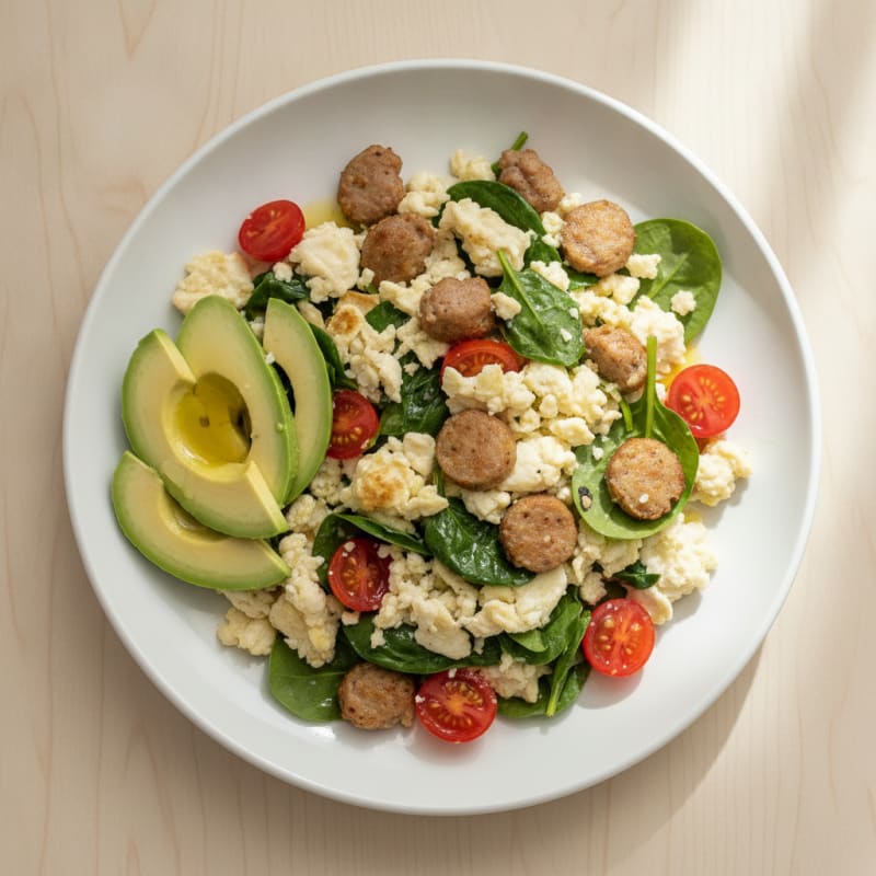 Egg White Spinach Scramble with Turkey Sausage