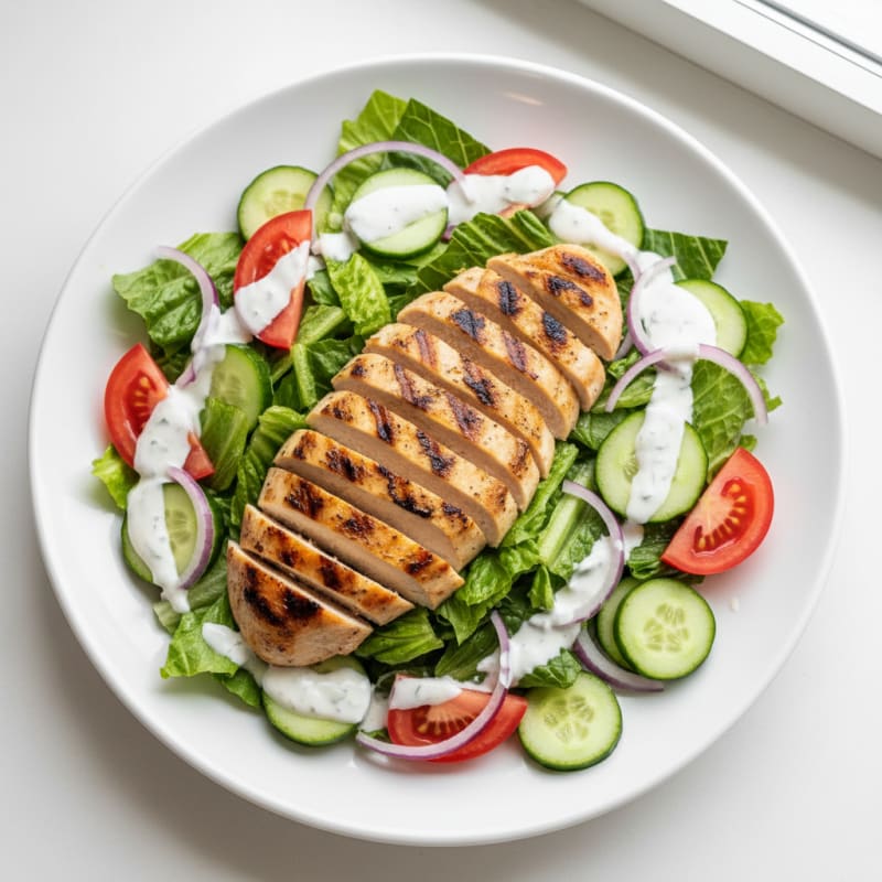 Grilled Chicken Salad with Romaine, Cucumber, Tomato, and Greek Yogurt Dressing