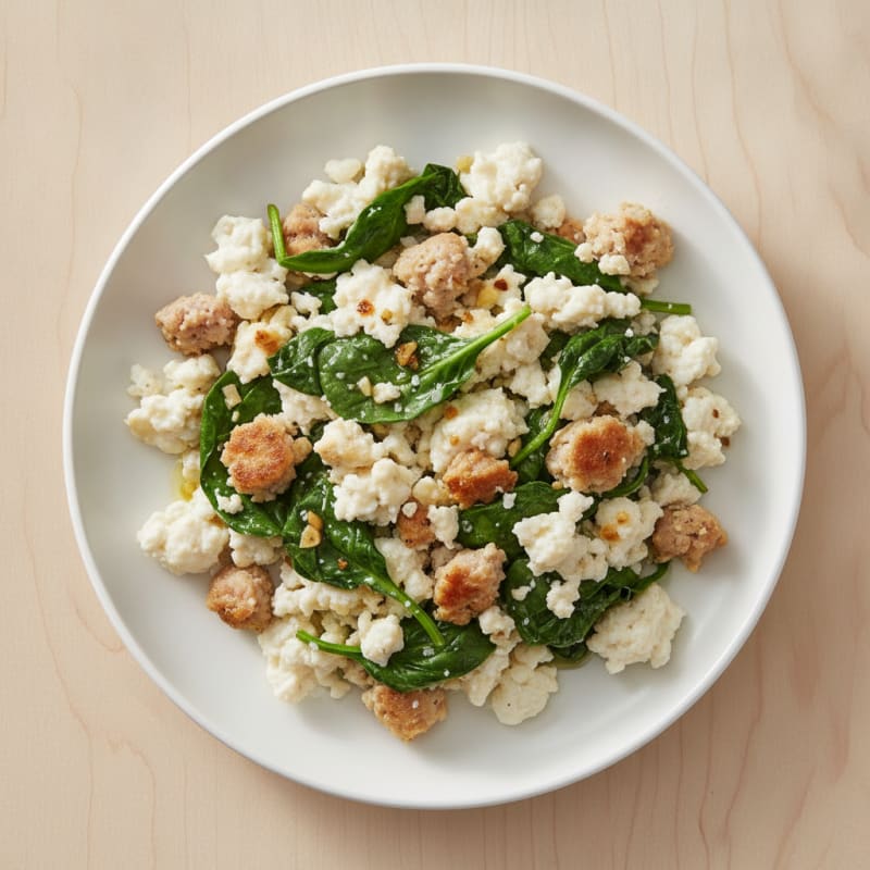 Egg White and Turkey Sausage Scramble with Sautéed Spinach